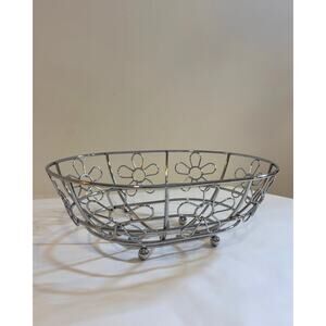 Vintage Oval Floral MCM Chrome Fruit Bowl 1970s Flower Power Home Decor